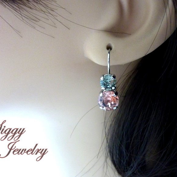 Swarovski Crystal Double Drop Earrings in Blush Rose and Black Diamond - Picture 4 of 5